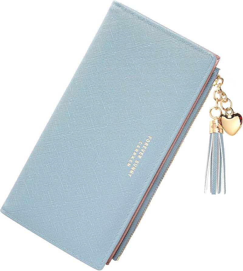 KOTORA Womens Slim Wallet Girls Thin Wallets Pretty Mini Long Card Holder Small Tiny Clutch Zip Purse Love Pendant Tassels Billfold (Blue) - Image 2